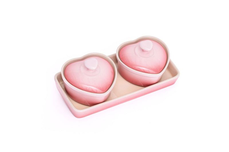 Stoneware Heart Cocottes and Tray, Gradient Rose, 5-pc C5871