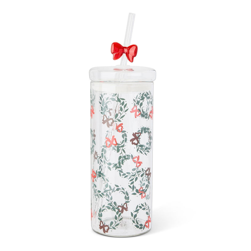 22-oz Printed Glass Tumbler with Bow Charm Straw I6656