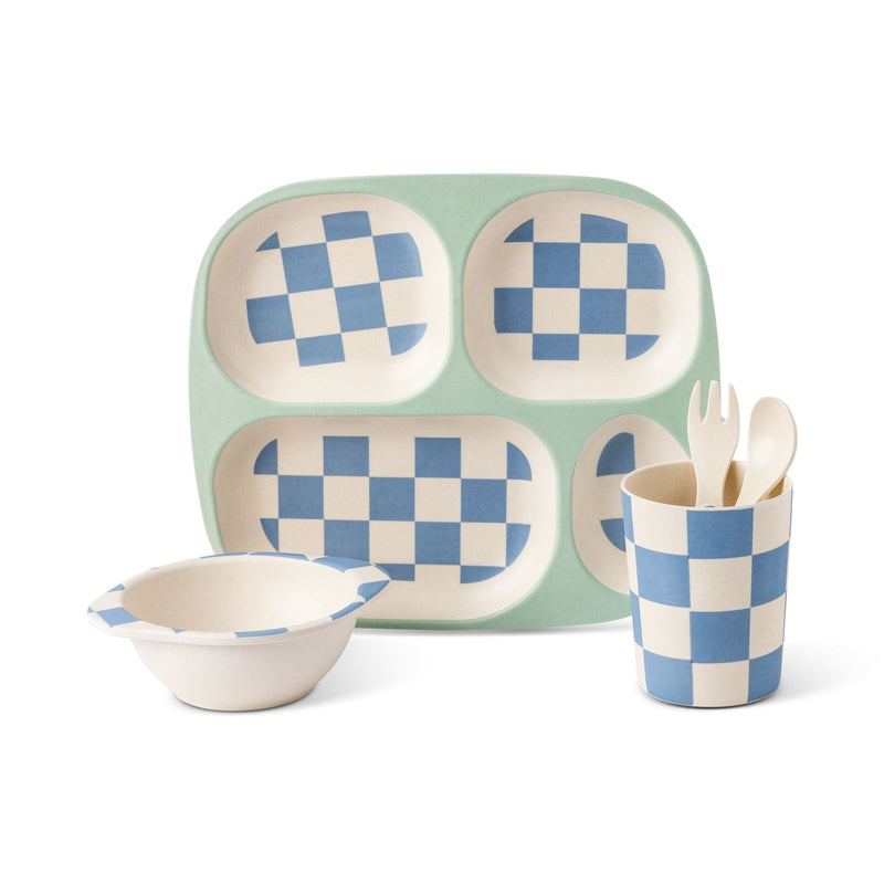 Kids' Bamboo Fiber Dinnerware Set, Blue Check, 5-pc Q1337