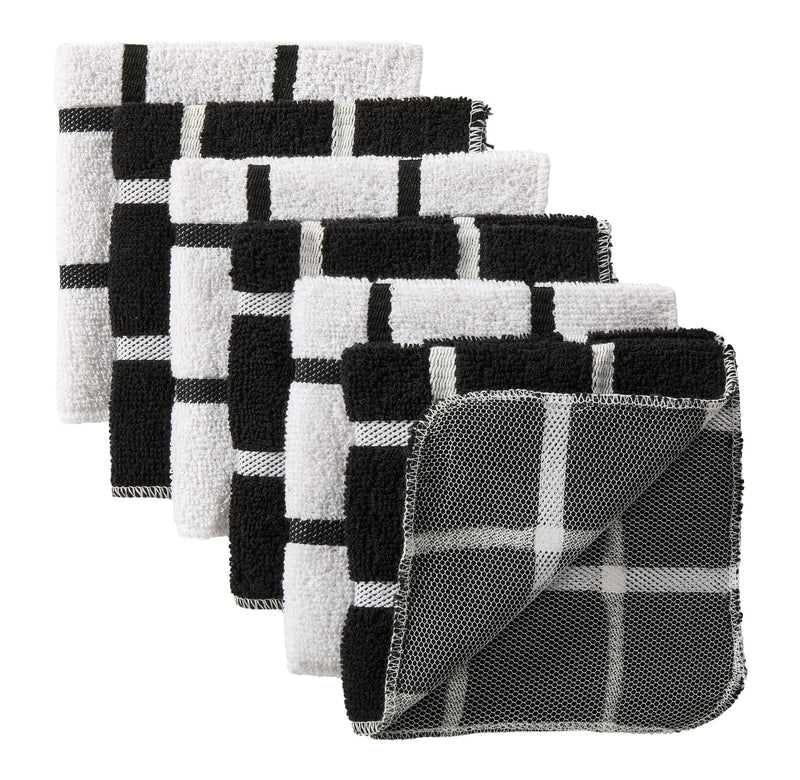 Terry Checkered Dish Cloths with Scrubber, Black, 6-pk R3774