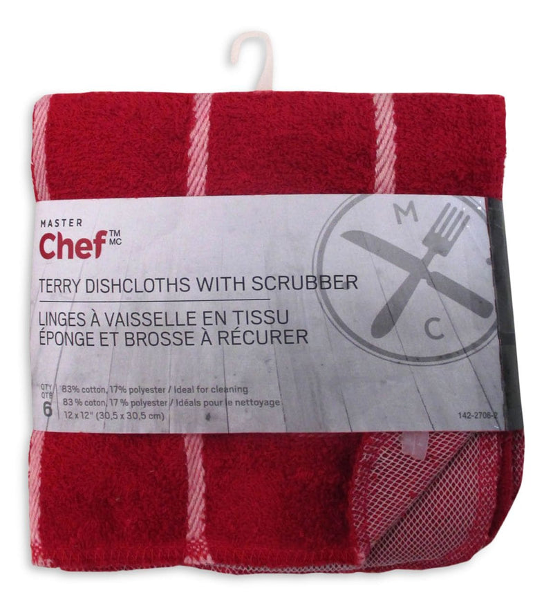 Terry Cotton Checkered Dishcloths, 12-in x 12-in, Red, with Scrubber, 6-pk O0126