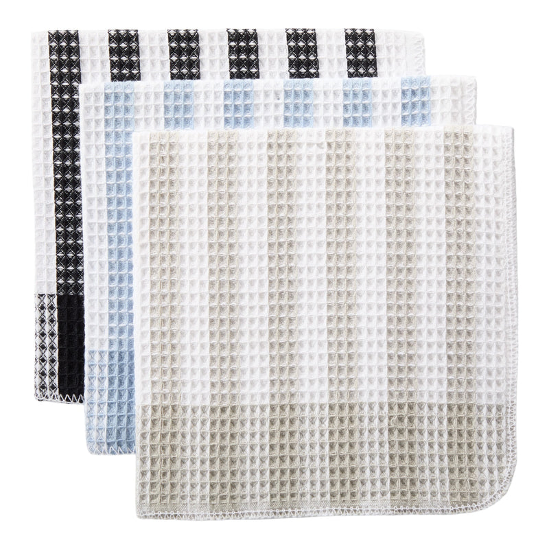 Waffle Checkered Cotton Dish Cloths, Black, Grey & Blue, 14-in, 12-pk E2084