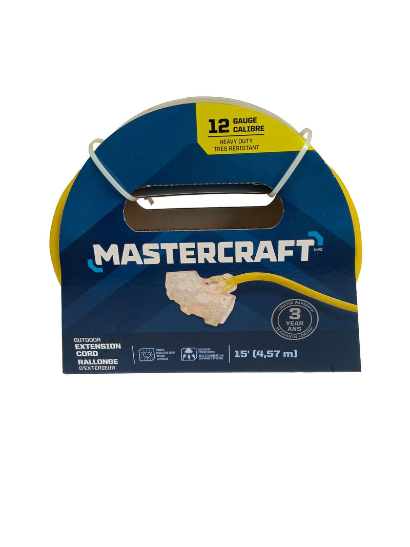 15-ft 12/3 Outdoor Extension Cord with 3 Grounded Outlets and Lighted End, Yellow T7197