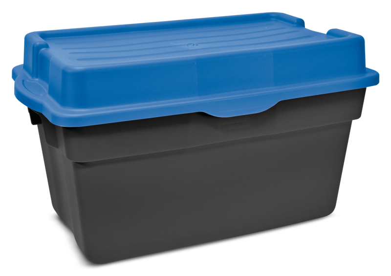 Heavy Duty Stackable Storage Box with Hinged Lid, 132-L, Black/Blue H2619
