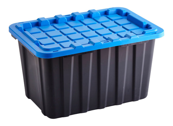 Heavy Duty Stackable Storage Box with Lid, 102-L, Black/Blue B5688