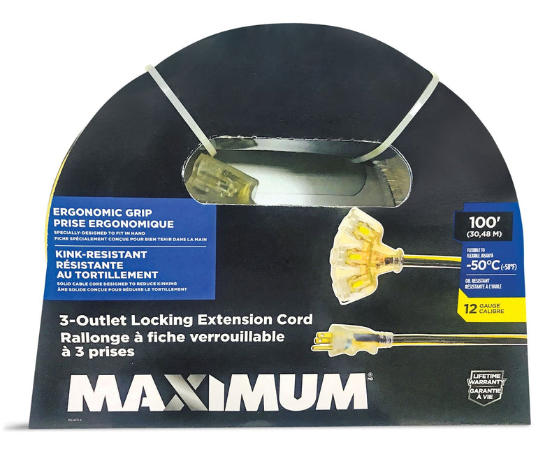 100-ft 12/3 Outdoor Extension Cord with 3 Grounded Outlets, Lighted End and Locking Connector, Yellow/Black I3239