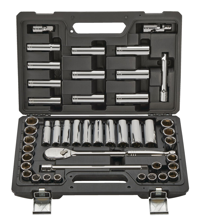 1/2-in Drive Professional Grade Socket Set, 45-pc, SAE/Metric, CRV, Nickel-Chrome Plating P6373