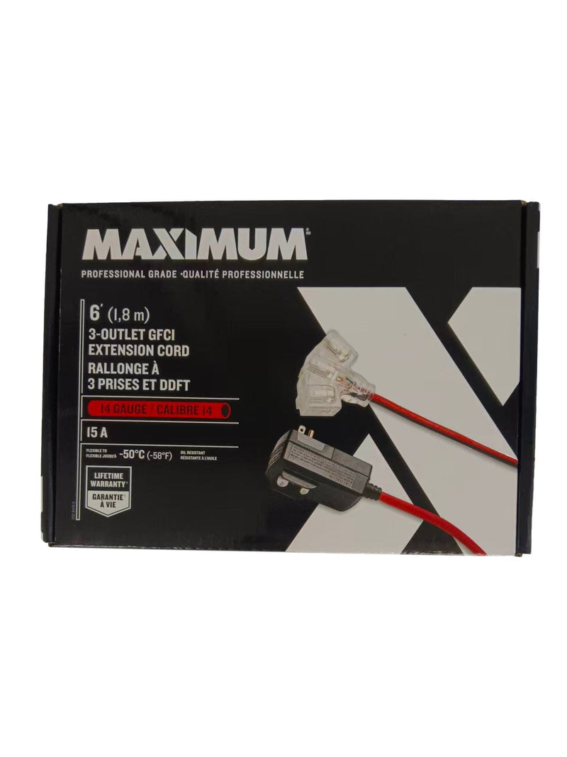 6-ft 14/3 Outdoor GFCI Extension Cord with 3 Grounded Outlets, Lighted End, Block/Red A3977