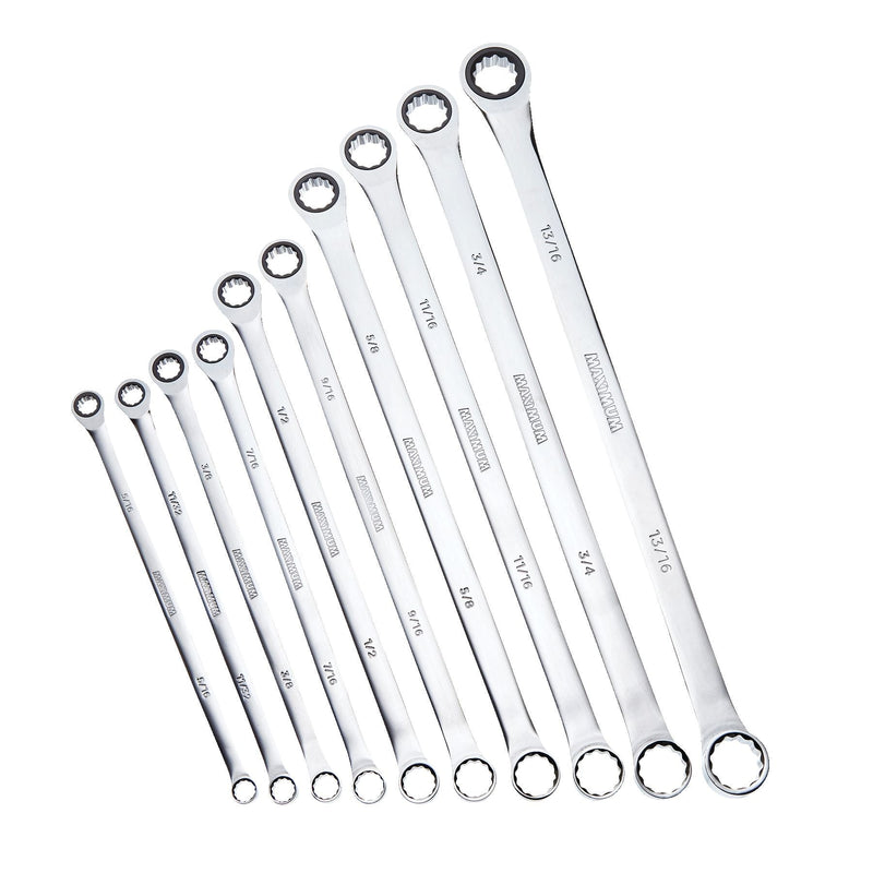Extra-Long Double Box-End Ratcheting Wrench Set, SAE, 10-pk L2825