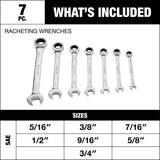 Ratcheting Wrench Set, SAE, Nickel-Chrome Plating, 7-pc