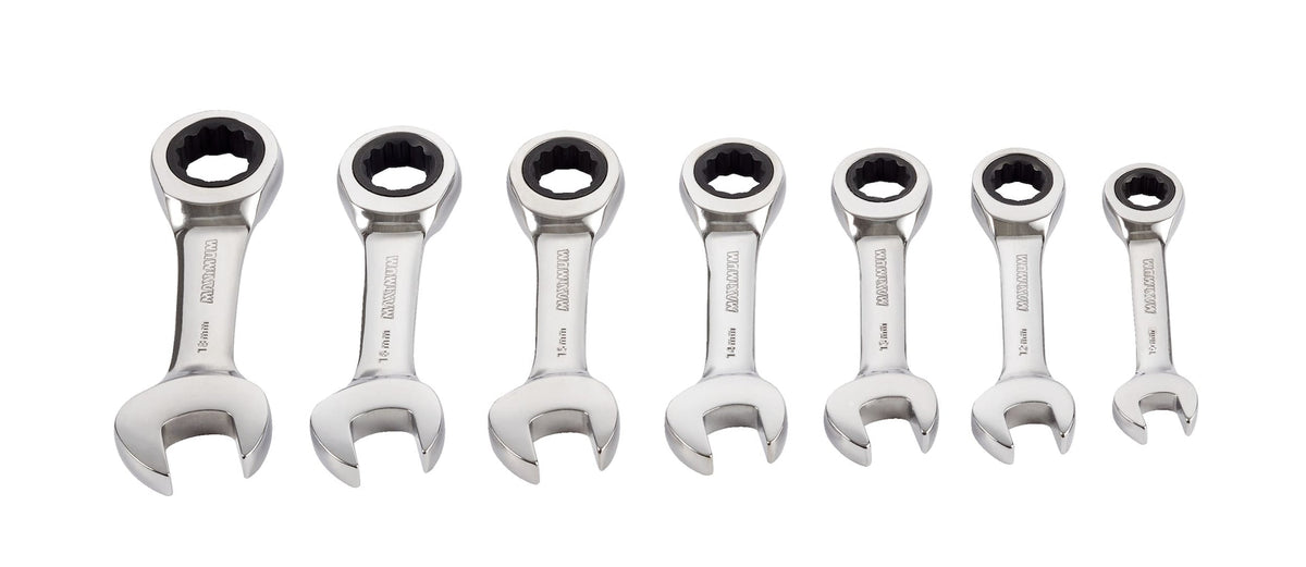 Stubby Ratcheting Wrench Set, Metric, Nickel-Chrome Plating, 7-pc