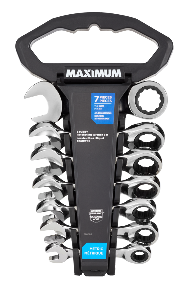 Stubby Ratcheting Wrench Set, Metric, Nickel-Chrome Plating, 7-pc