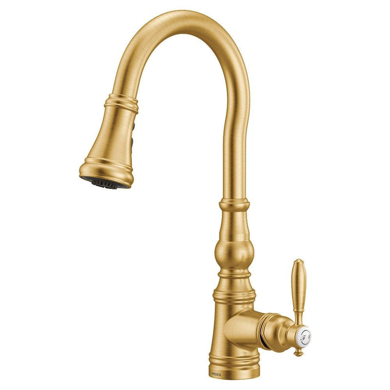 Weymouth Single Handle High Arc Pull Down Sprayer Kitchen Faucet with Power Boost, Brushed Gold W8631