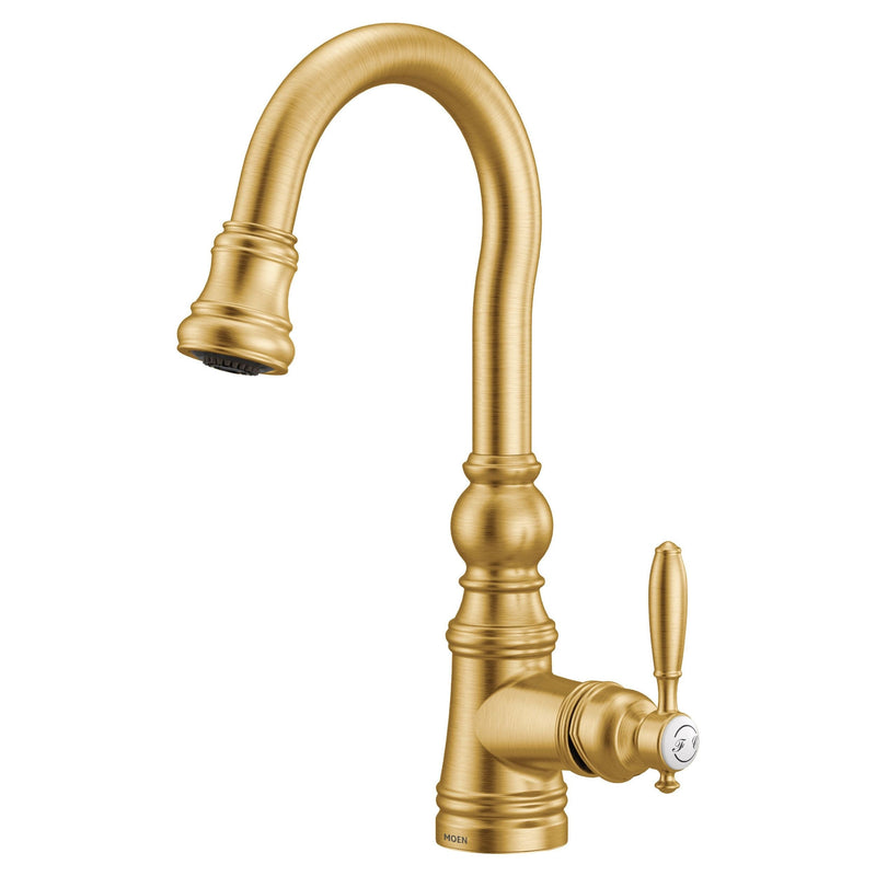 Weymouth Single Handle High Arc Pull Down Sprayer Kitchen Faucet with Power Clean, Brushed Gold B6854