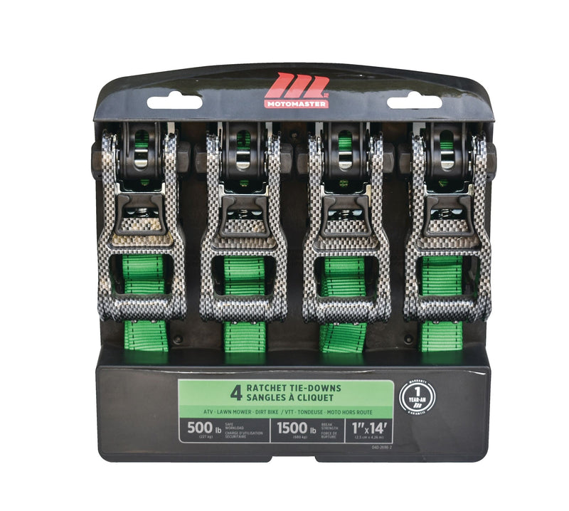 1,500-lb Carbon Ratchet Tie Downs, Weatherproof, 1-in x 14-ft, 4-pk, Green S3639