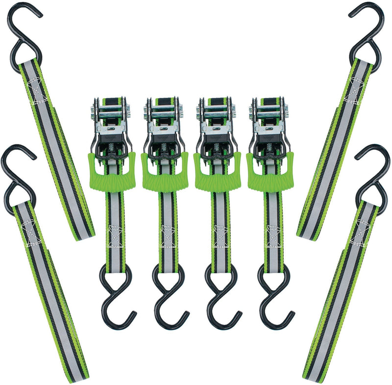 1,500-lb Reflective Ratchet Tie Down Strap, with Padded D-Handle, 1-in x 12-ft, 4-pk, Green I5999