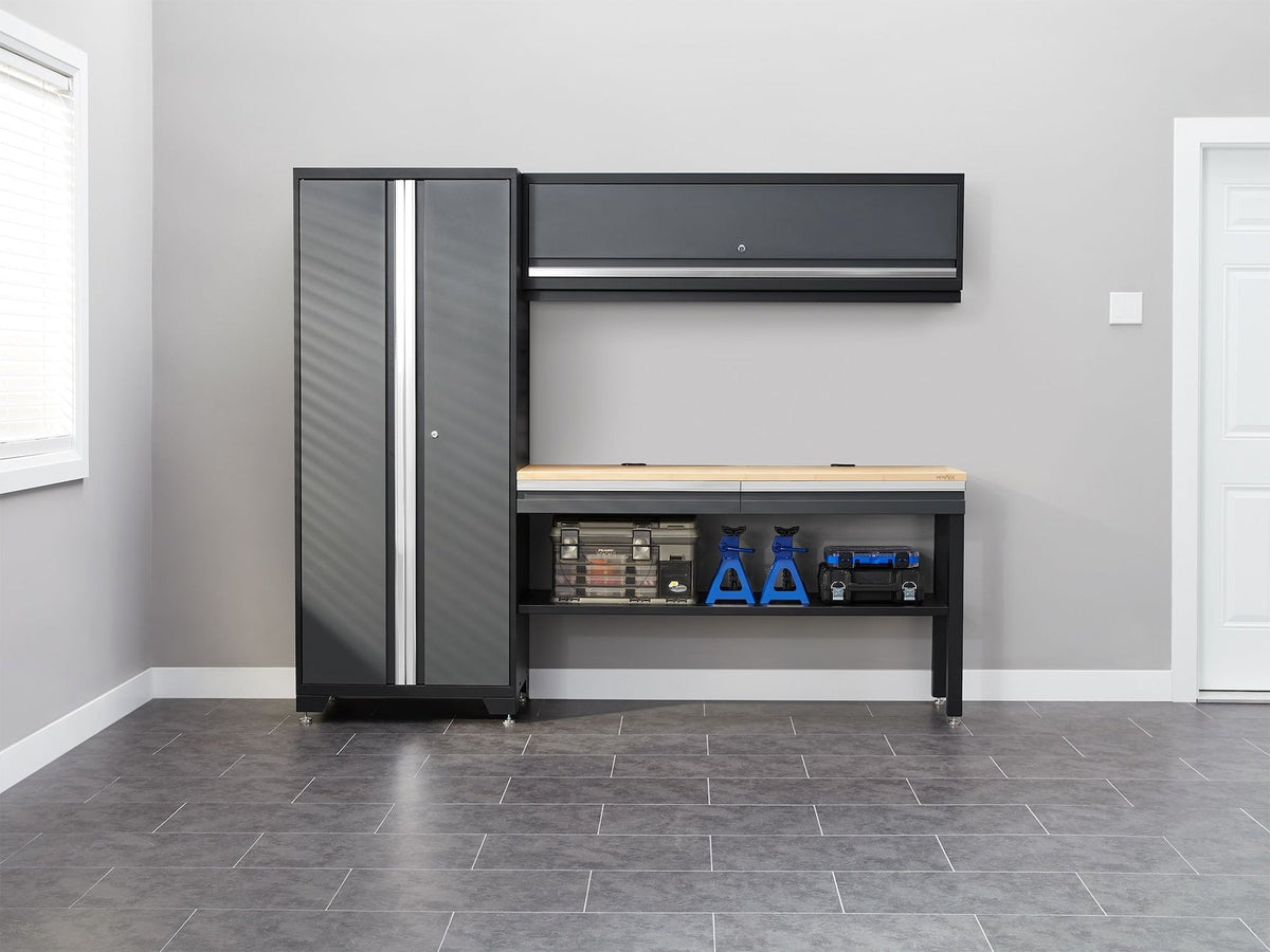 Bold 3.0 Series All-in-One Lockable Steel Garage Cabinetry Set with Bamboo Top, Grey, 90-in x 18-in x 72-in, 4-pc