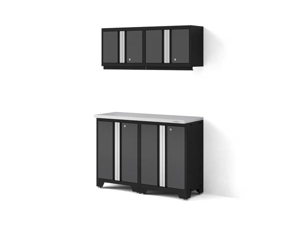 Bold 3.0 Series All-in-One Lockable Steel Garage Cabinetry Set with Stainless Steel Top, Black/Grey, 48-in x 18-in x 76.75-in, 5-pc P3721