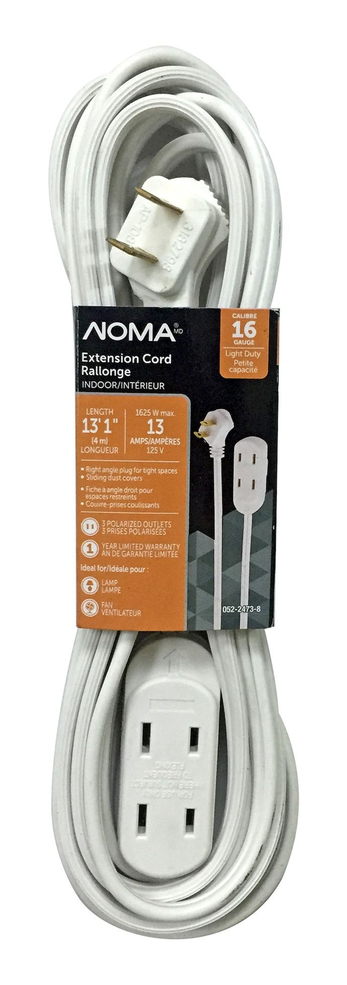 15-ft 16/2 Indoor Extension Cord, 3 Outlets, Flat Plug, White O9013