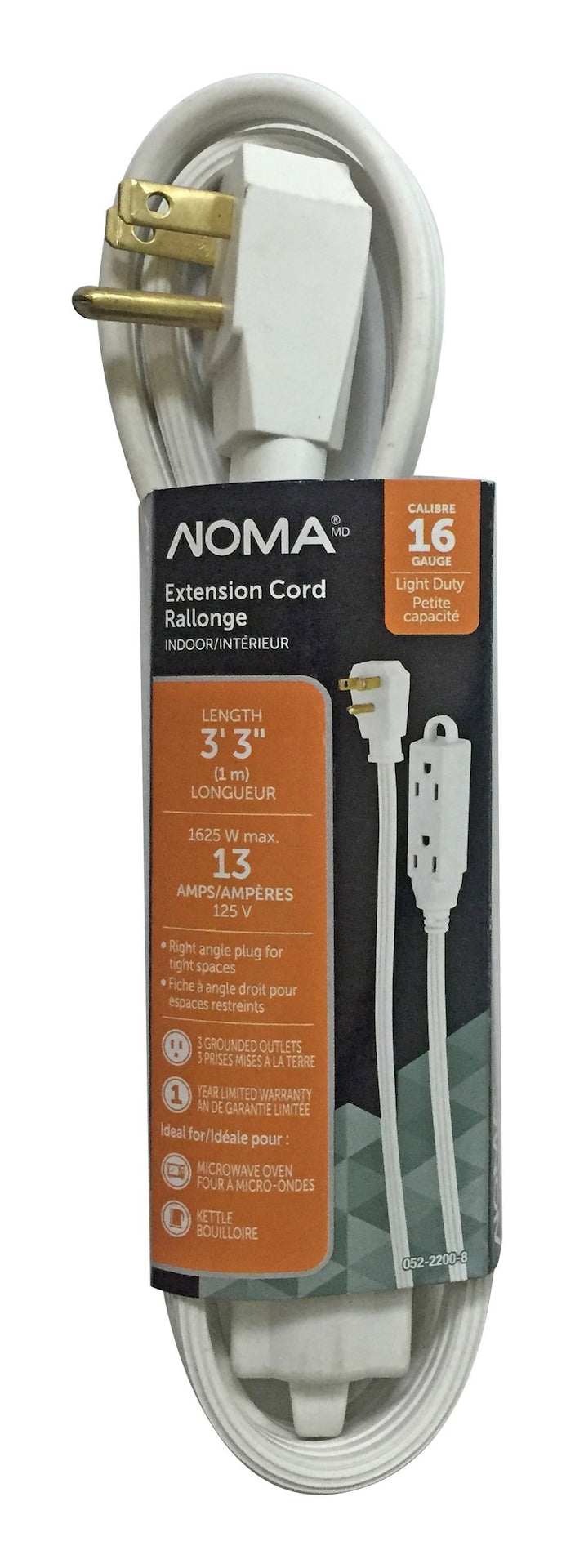 3-ft 3-in 16/3 Indoor Extension Cord with Right Angle Plug, 3 Grounded Outlets, White I743