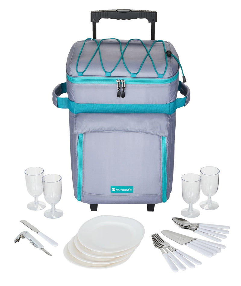 Wheeled Picnic Cooler with 21-Piece Cutlery/Plate Set, 18-Can C3845