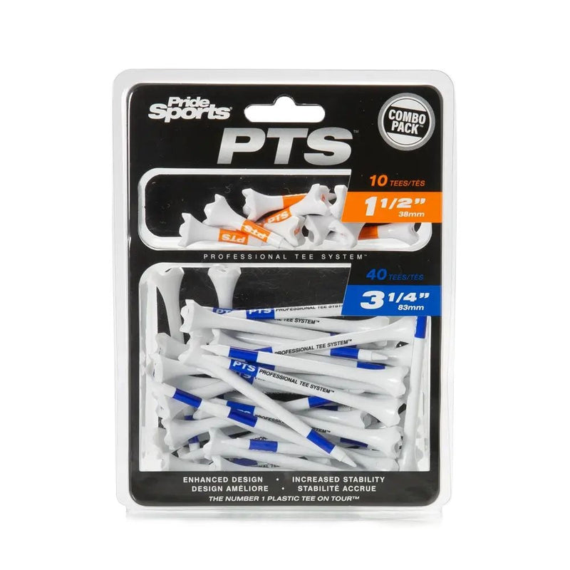 Pride Evolution Plastic Golf Tee Combo Pack, Assorted Sizes, 40-pk, White, 1-1/2-in & 3-1/4-in O2873