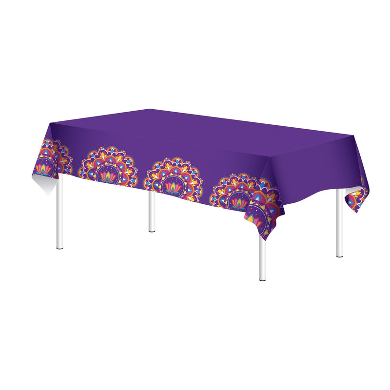 Patterned Rectangle Plastic Reusable Table Cover, Multi-Coloured, 51x87-in, for Diwali U9402
