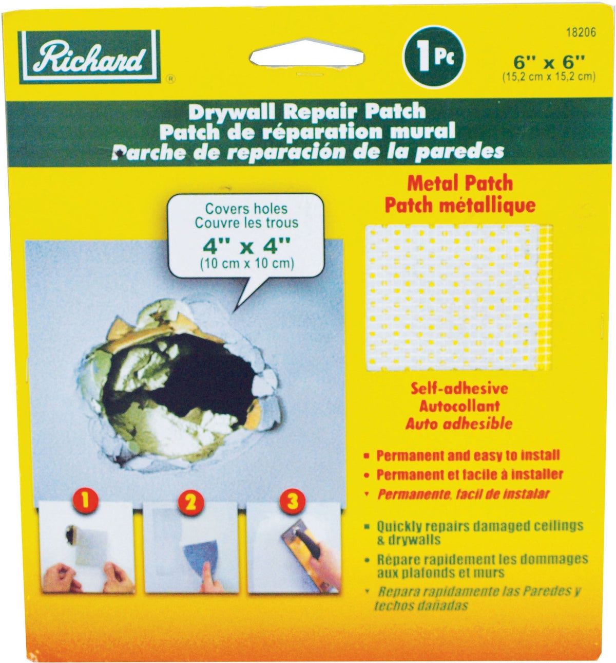 Self-Adhesive Metal-Reinforced Drywall & Ceiling Hole Repair Patch, 6 x 6-in