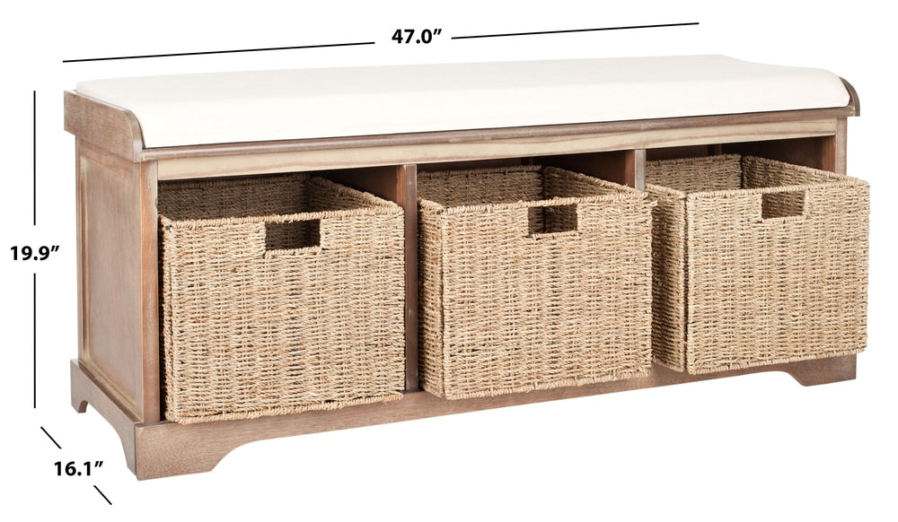 Lonan Wicker Storage Bench, Grey Wash/White, 16.1-in x 47-in x 19.9-in