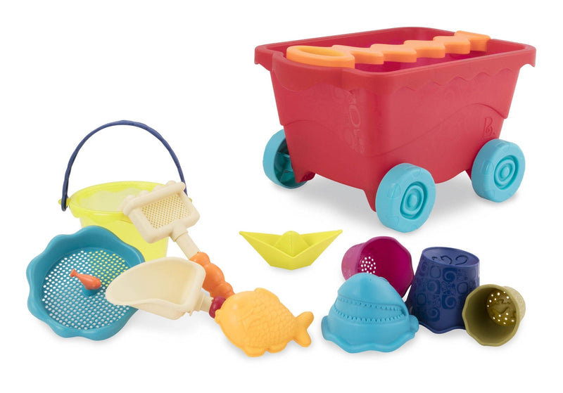 Sand Plastic Mold Toy Set with Wagon, Multi-Coloured, 11-pk, Ages 2+, for Summer/Beach Activities U6976