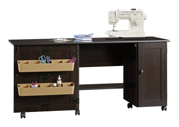 Folding Sewing & Craft Table/Storage Cart with Locking Wheels, Cinnamon Cherry Finish E3253