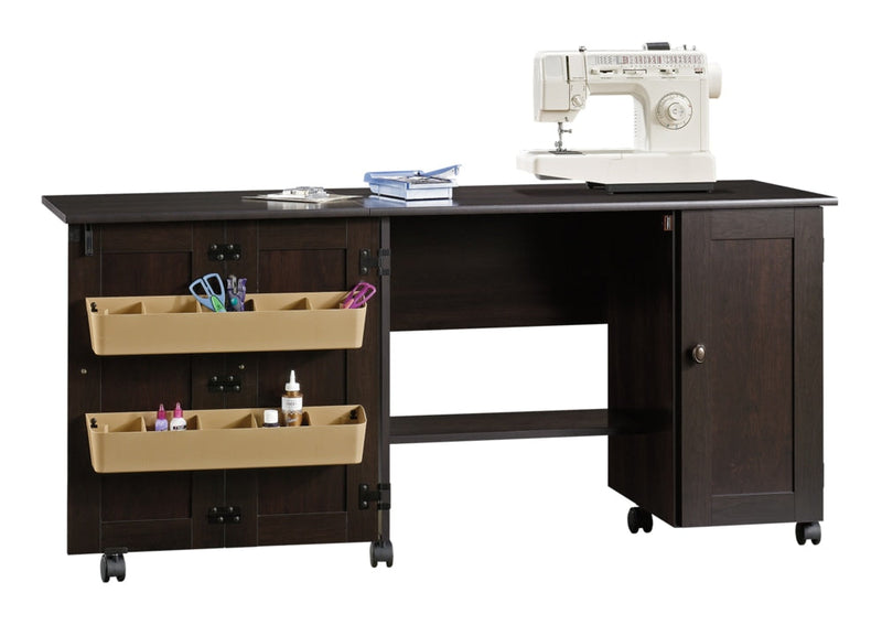 Folding Sewing & Craft Table/Storage Cart with Locking Wheels, Cinnamon Cherry Finish E3253