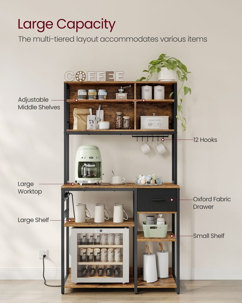 Home Brown Baker's Rack/Charging Station with Small Shelves R9803