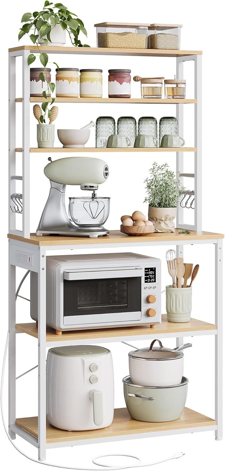 Home Oak/White Baker's Rack with 4 AC Outlets H3095