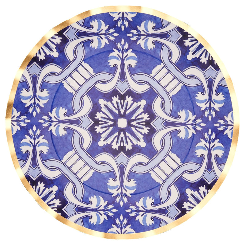 Moroccan Nights Round Bordered Trimmed Paper Disposable Dinner Plates, Blue/Gold, Tile, 10-in, 8-pk, for Mother's Day/Easter X4349