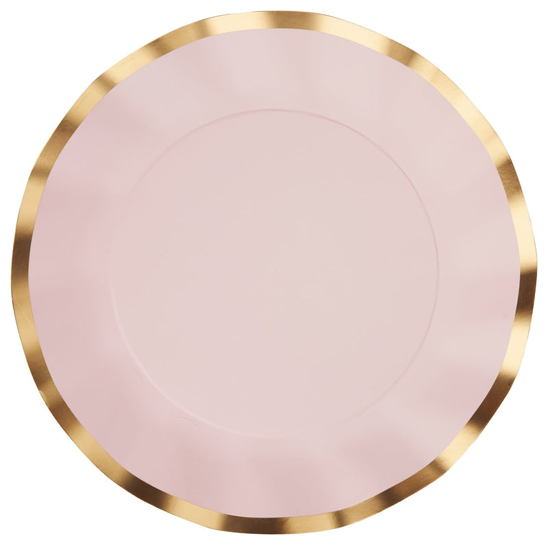 Round Bordered Trimmed Paper Disposable Dinner Plates, Pink/Gold, 10-in, 8-pk, for Valentine's Day/Bridal Shower/Baby Shower O1303