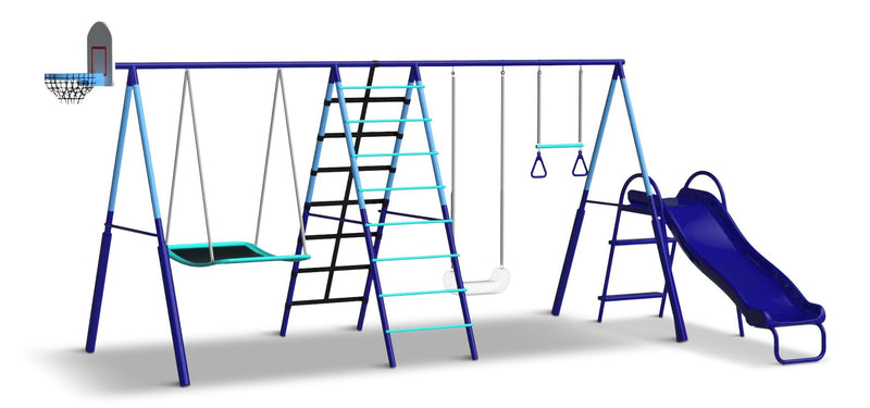 Sunset Slam Kids' 7-Station LED Metal Swing Set Combo with Basketball Hoop & Slide T3969