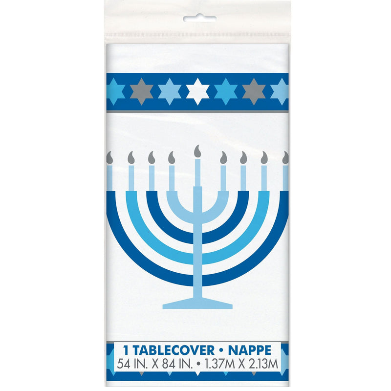 Starry Rectangle Plastic Reusable Table Cover, White/Blue, 54x108-in, for Hanukkah L3434