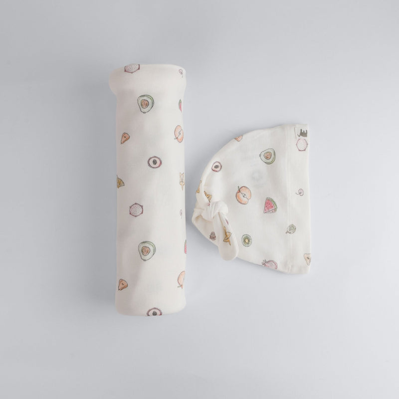 Fruit Print Premium Organic Cotton Blanket and Beanie Set T4642