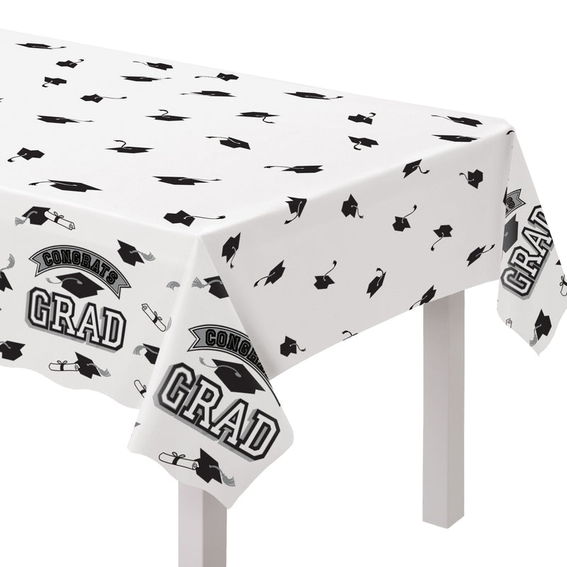 True to Your School "Congrats Grad" Rectangle Plastic Reusable Table Cover, Black/White, 54x84-in, for Graduation F6330