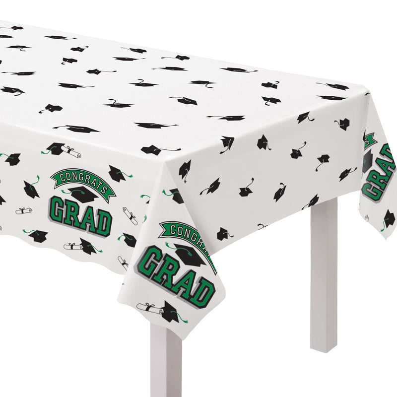 True to Your School "Congrats Grad" Rectangle Plastic Reusable Table Cover, Green, 54x84-in, for Graduation J5857
