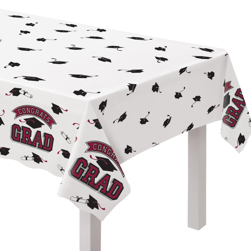 True to Your School "Congrats Grad" Rectangle Plastic Reusable Table Cover, Maroon, 54x84-in, for Graduation H0699