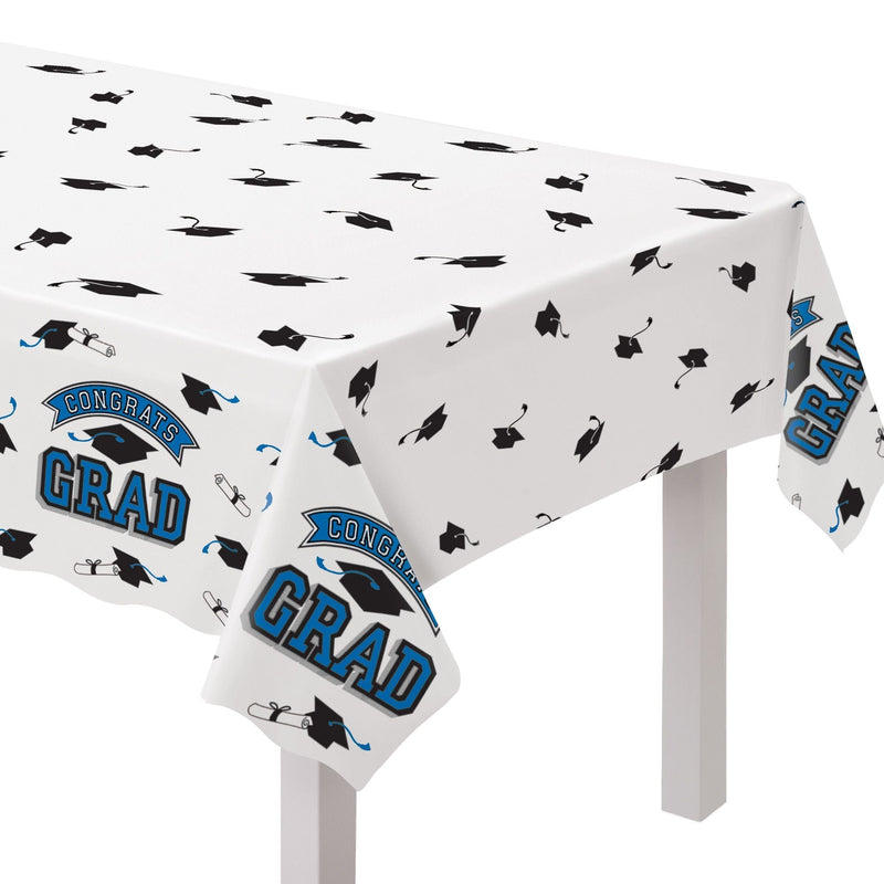 True to Your School "Congrats Grad" Rectangle Plastic Reusable Table Cover, Navy, 54x84-in, for Graduation B4917