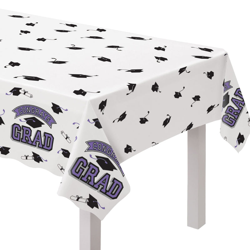 True to Your School "Congrats Grad" Rectangle Plastic Reusable Table Cover, Purple, 54x84-in, for Graduation Y5128