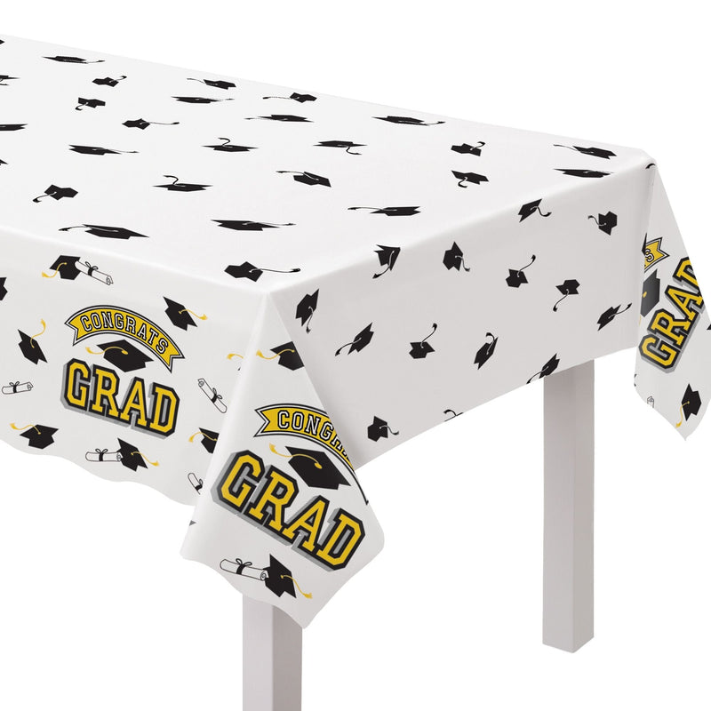True to Your School "Congrats Grad" Rectangle Plastic Reusable Table Cover, Yellow, 54x84-in, for Graduation I3662