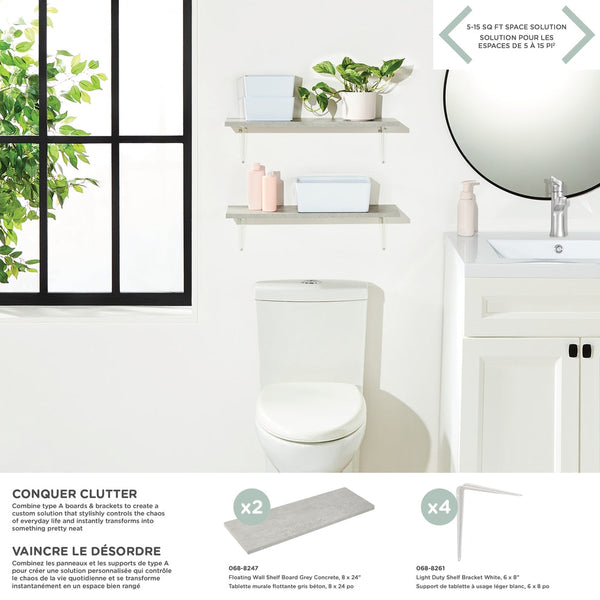 Floating Wall Shelf Board, Grey Concrete, 8 x 24-in D9855