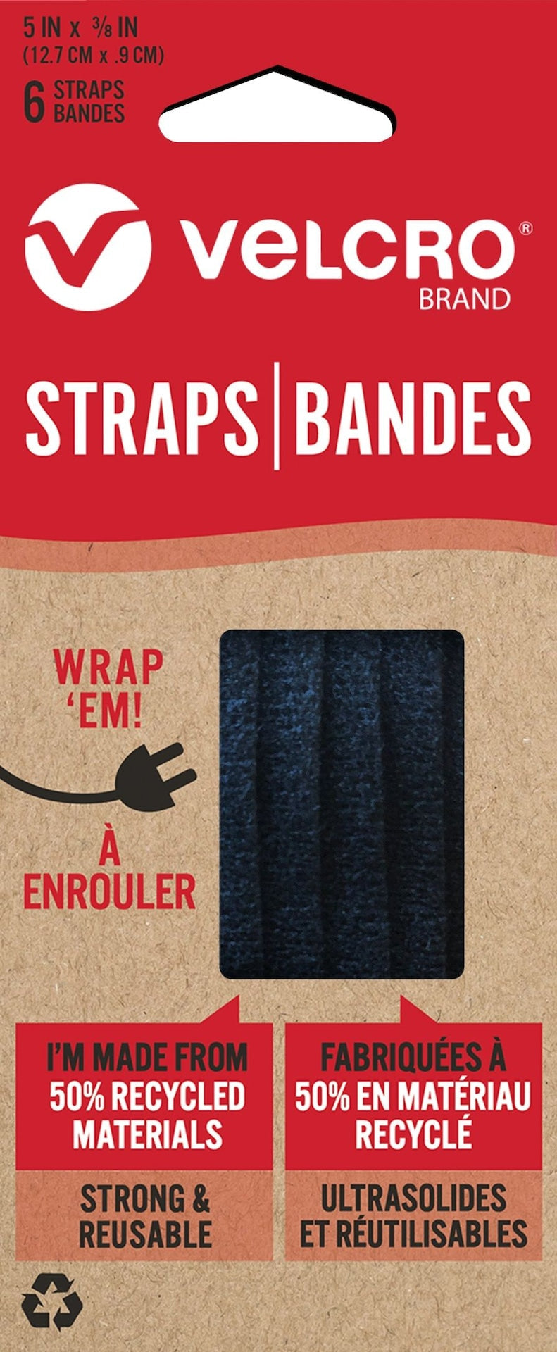 Hook-and-loop Adjustable Reusable Eco Pre-Cut Straps, Black, 5 x 0.3-in, 6-pk E1063