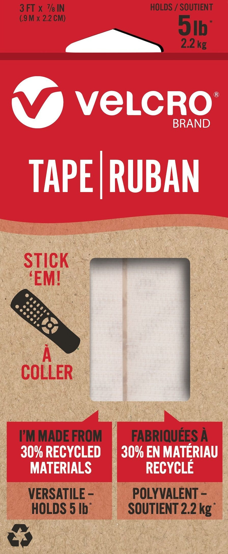 Hook-and-loop Durable Reusable Eco Tape, White, 5-lbs, 3-ft x 0.7-in N3689