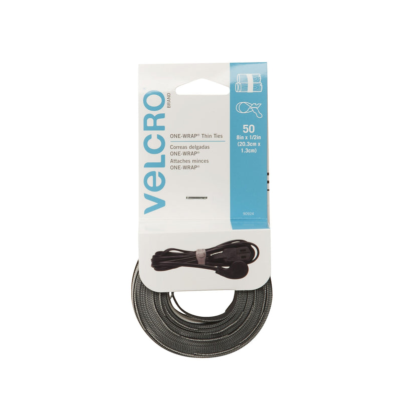 Hook-and-loop Reusable Thin Nylon Cable & Wire Ties, Black/Grey, 8 x 1/2-in, 50-pk Q7708