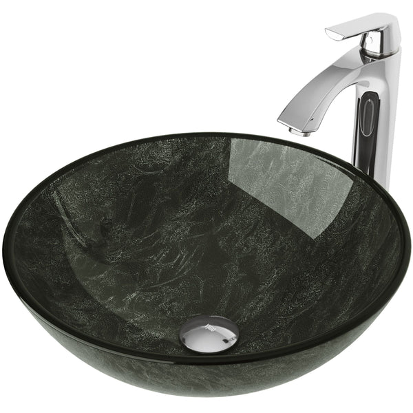 Glass Grey Onyx Bathroom Sink/Basin Set with Linus Faucet and Round Vessel L1200